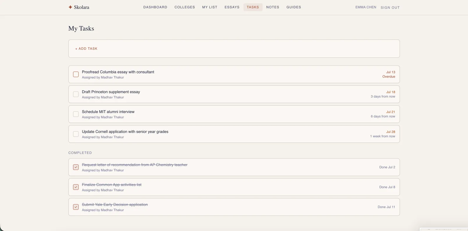 Skolara task list assigned by consultant with due dates